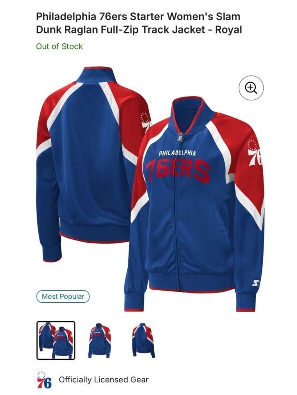 Philadelphia 76ers Starter Women's Slam Dunk Raglan Full-Zip Track Jacket - Blue